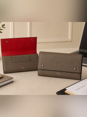 CELINE Taupe Leather Wallet with Red Interior